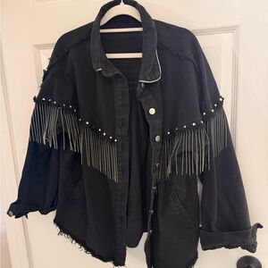 Amazon Black Women's Jean Jacket with Metal Fringe and Detailing